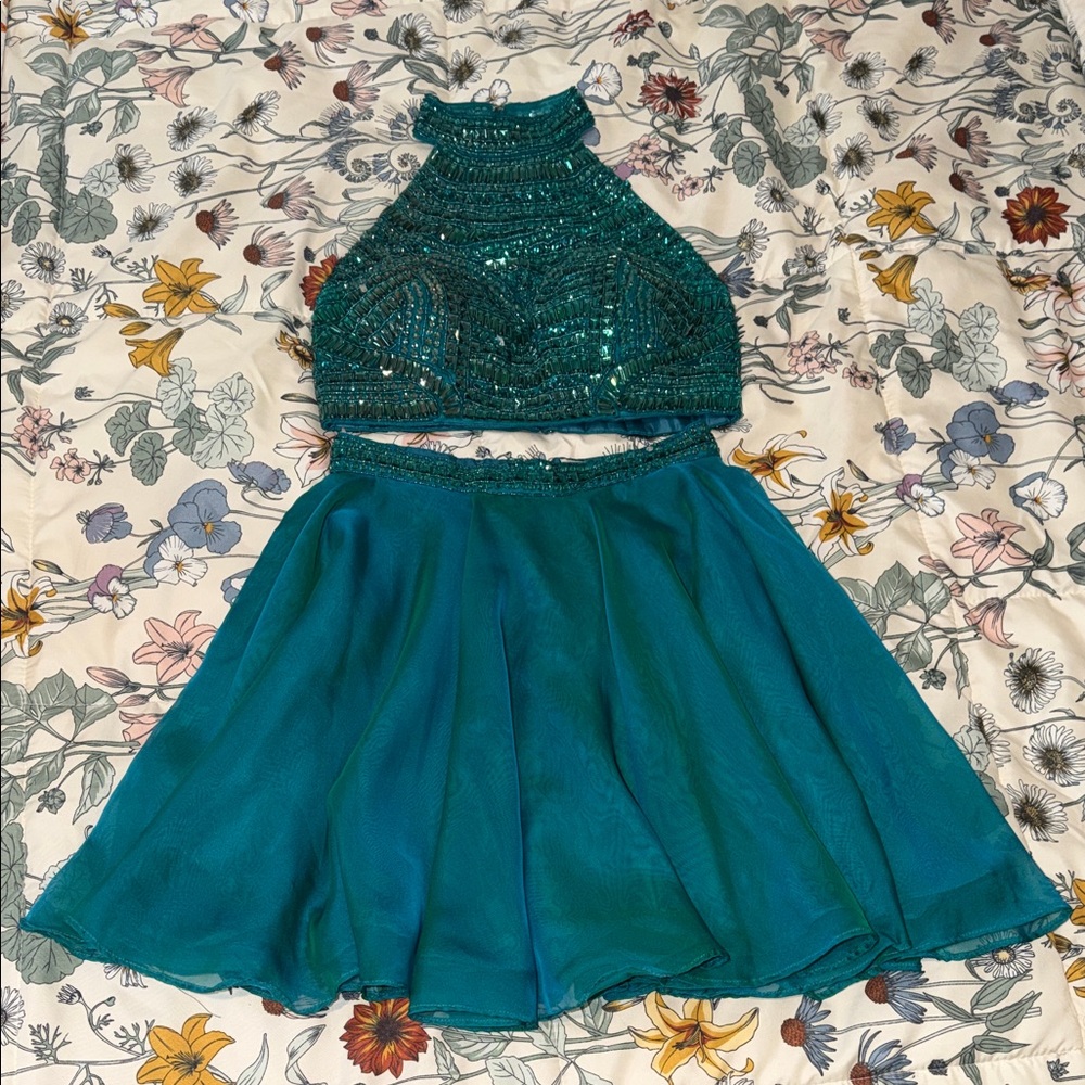 Sherri Hill 2piece teal formal dress w/ beaded top size US 2 (read description!)